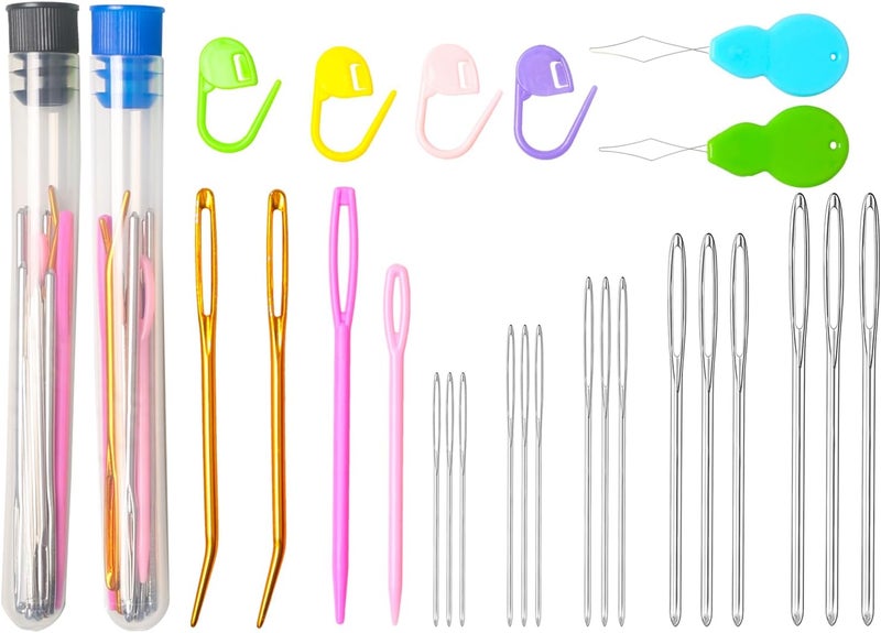 HEKISN 45Pcs Large Eye Blunt Yarn Needles kit, Assorted Sizes Bent Tapestry Darning Needle, Sewing Needles with Needle Threaders & Stitch Markers for Knitting Crochet (Blue&Black) - Image 1
